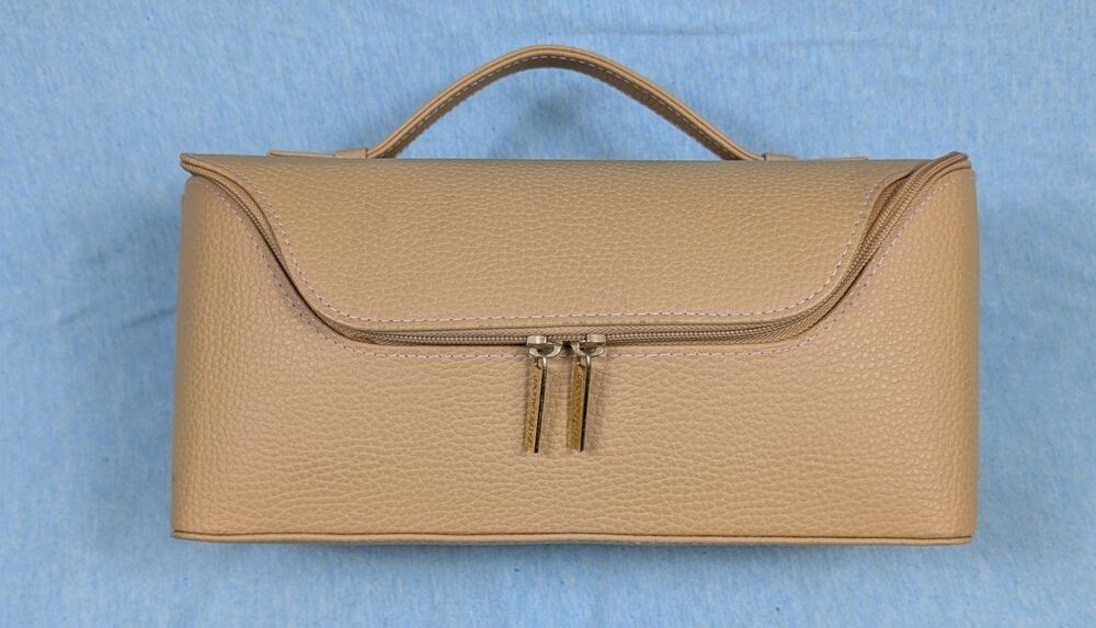 VTG ESTEE LAUDER MAKEUP PEBBLED LEATHER BAG TRAVEL CASE GOLD YELLOW ZIPPERED
